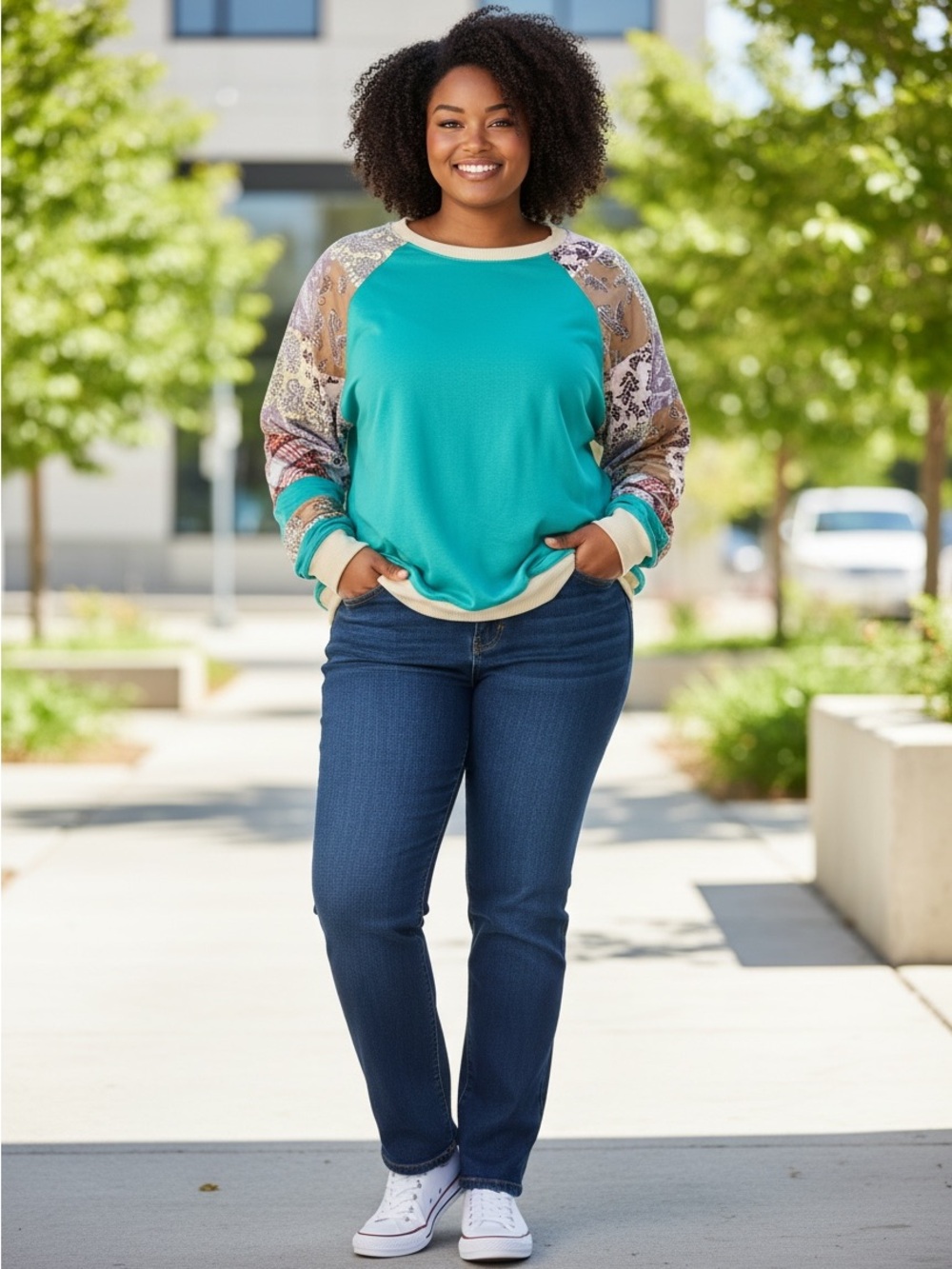 Teal Raglan Pullover with Patterned Sleeves